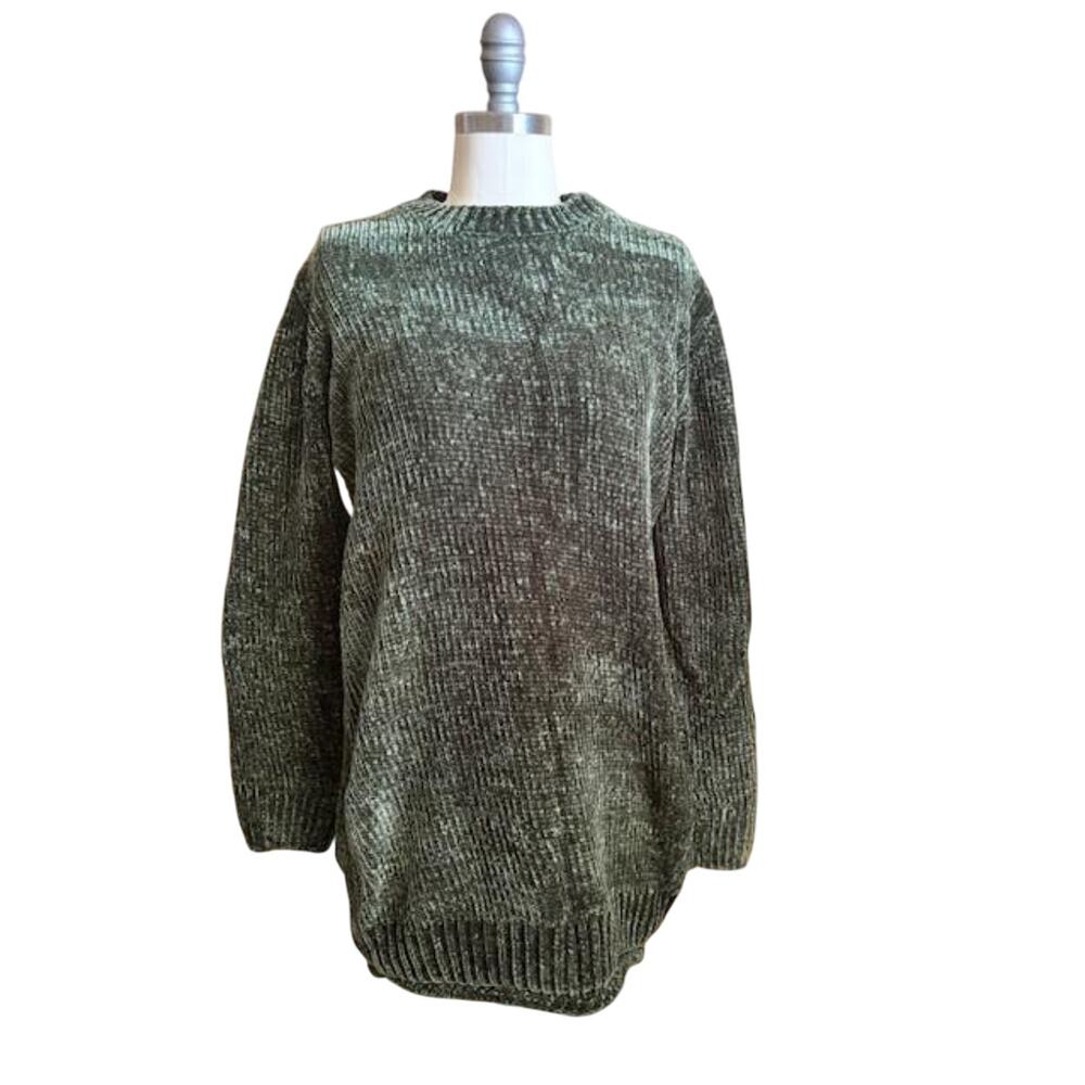 Woman Within Chenille Sweater Green Plush Knit Pullover Size 14/16 M Cozy Soft